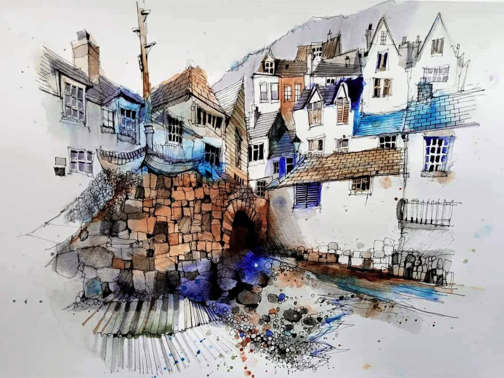 Polperro Harbour: The Saxon Bridge — watercolour painting by Mike Mills