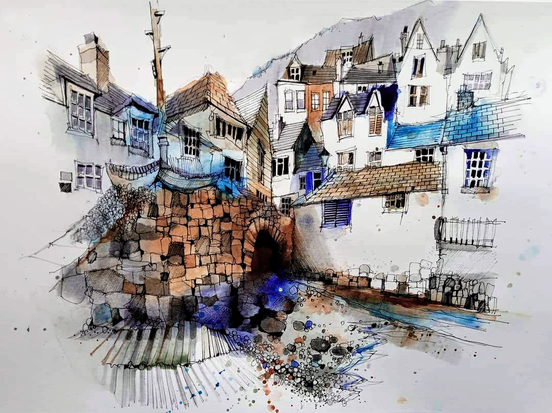 Polperro Harbour: The Saxon Bridge — watercolour painting by Mike Mills