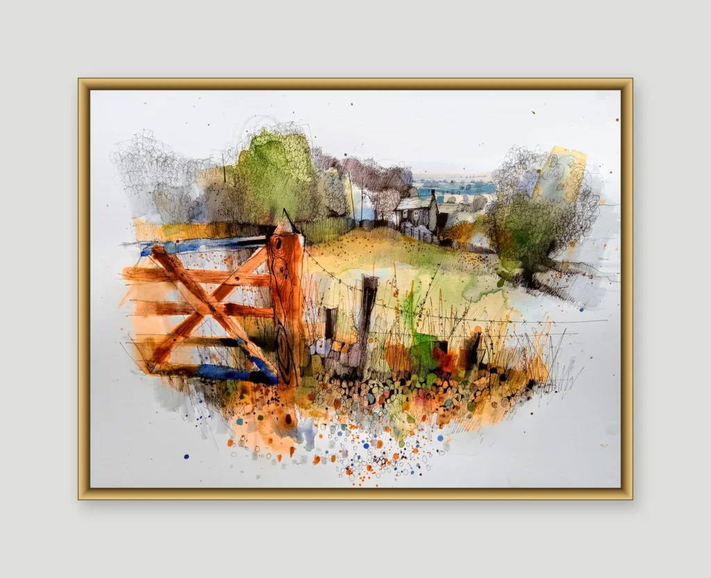 Watercolour and ink painting of a wooden farm gate beside a stone wall, with a distant white farmhouse, trees and a strip of sea on the horizon, shown in a gold frame