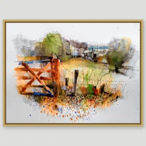 Watercolour and ink painting of a wooden farm gate beside a stone wall, with a distant white farmhouse, trees and a strip of sea on the horizon, shown in a gold frame