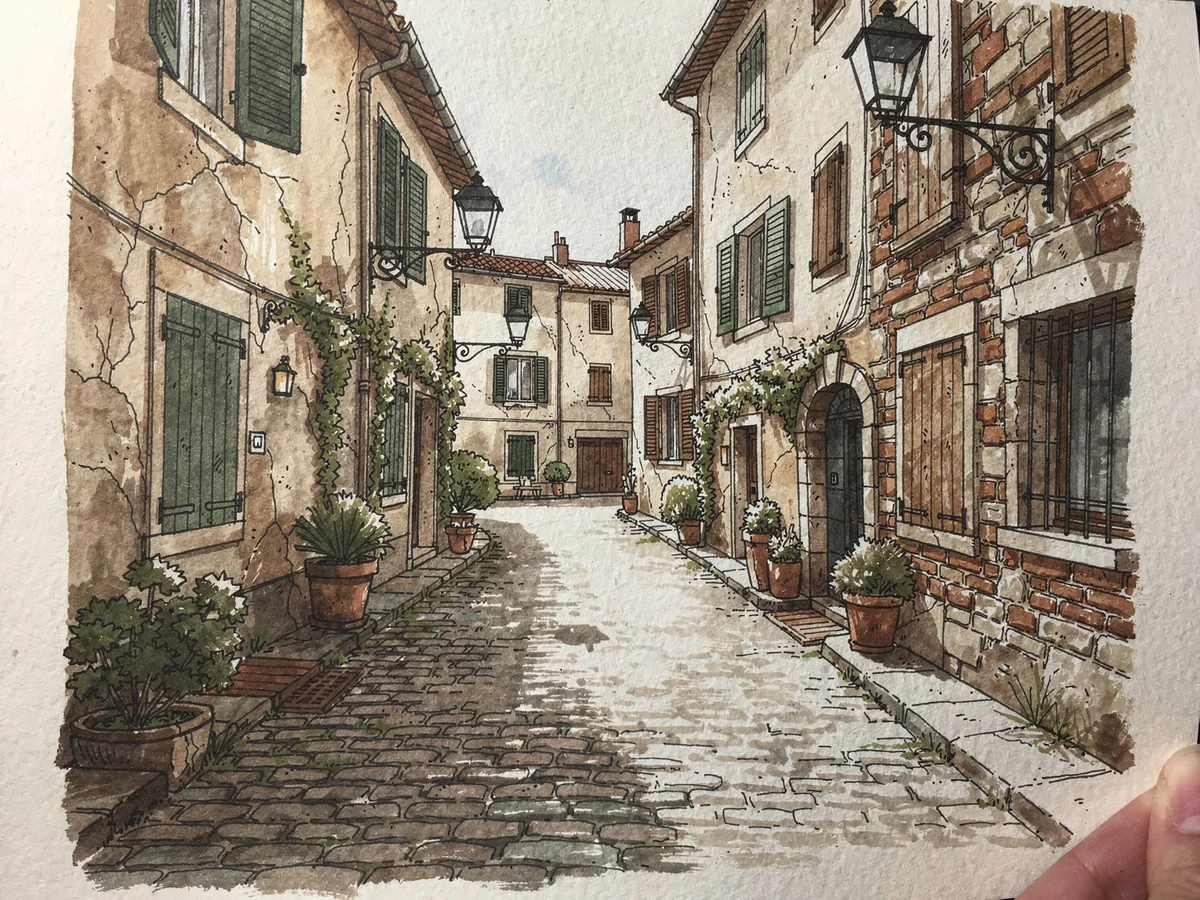 Watercolour and ink sketch of an old European cobbled street with weathered brick and stone walls