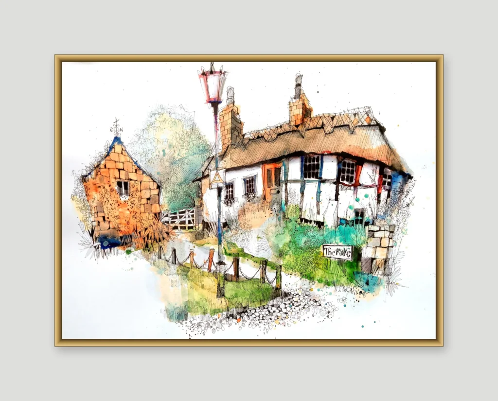 Watercolour and ink painting of a thatched half-timbered village pub called The Rake, with a stone outbuilding, lamppost and hanging pub sign, shown in a gold frame