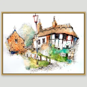 Watercolour and ink painting of a thatched half-timbered village pub called The Rake, with a stone outbuilding, lamppost and hanging pub sign, shown in a gold frame
