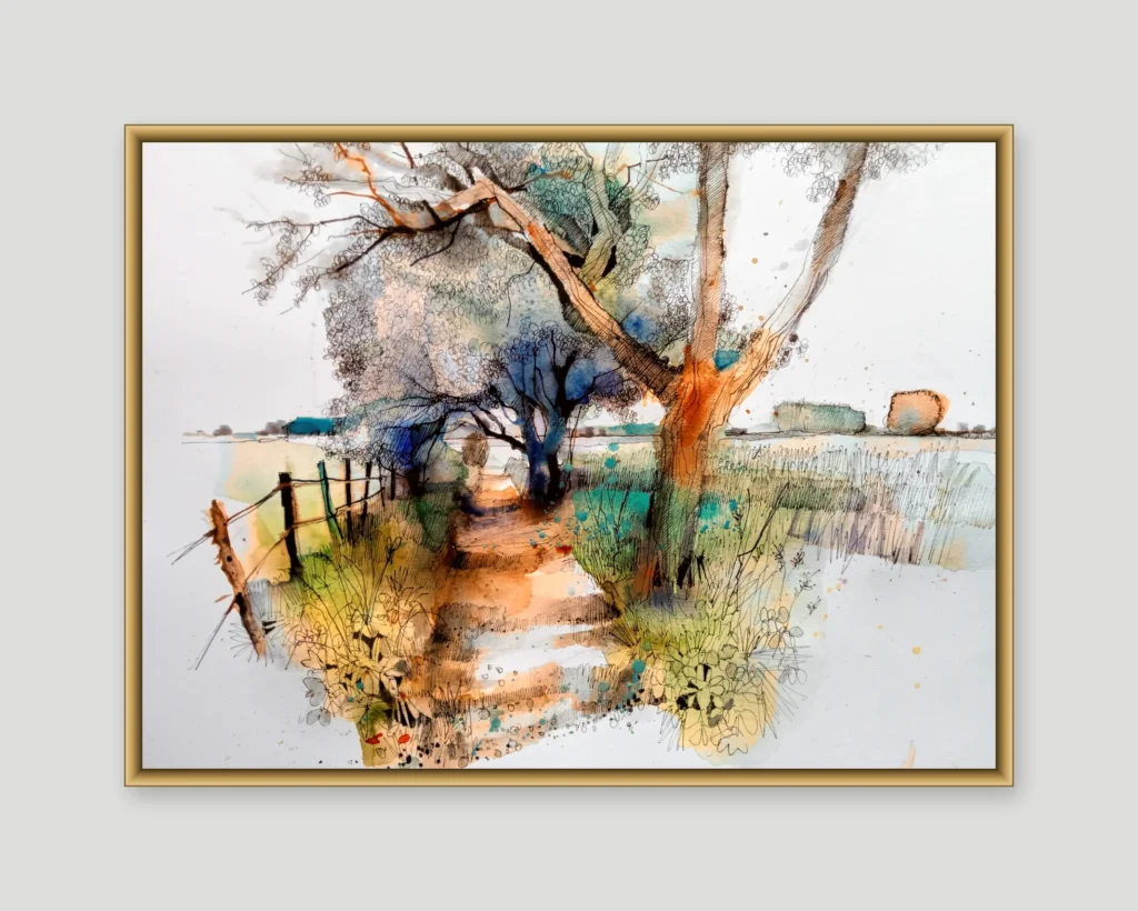 Watercolour and ink painting of a country lane path lined with tall trees and a wooden fence, opening onto fields, shown in a gold frame