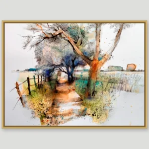 Watercolour and ink painting of a country lane path lined with tall trees and a wooden fence, opening onto fields, shown in a gold frame