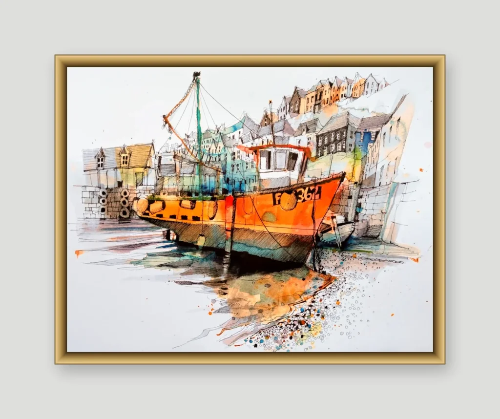 Watercolour and ink painting of an orange fishing boat resting on the harbour bed at low tide in Mevagissey, with harbourside houses behind, shown in a gold frame