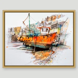 Watercolour and ink painting of an orange fishing boat resting on the harbour bed at low tide in Mevagissey, with harbourside houses behind, shown in a gold frame
