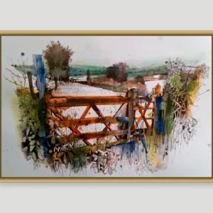 Watercolour and ink painting of a wooden farm gate with a blue-painted post, surrounded by wildflowers and hedgerow, with rolling green hills and a farmhouse in the background, shown in a gold frame