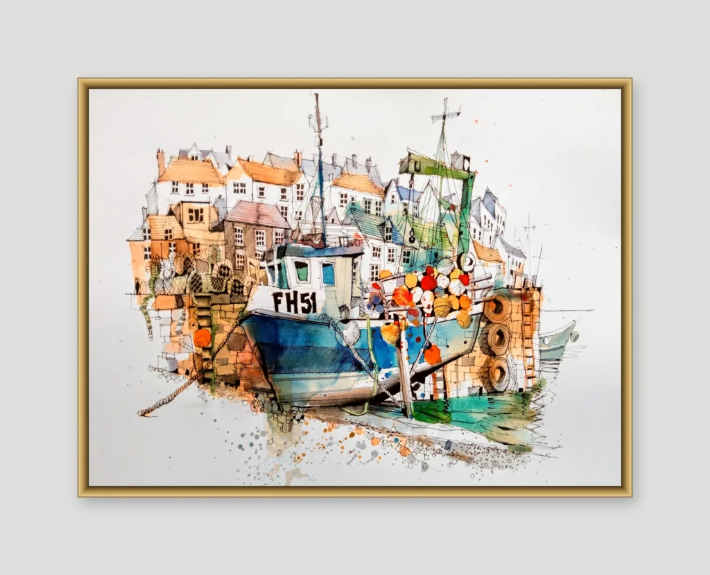 Watercolour and ink painting of a fishing boat registered FH51 moored in Mevagissey harbour in front of colourful Cornish harbourside houses, shown in a gold frame