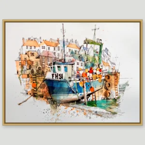 Watercolour and ink painting of a fishing boat registered FH51 moored in Mevagissey harbour in front of colourful Cornish harbourside houses, shown in a gold frame