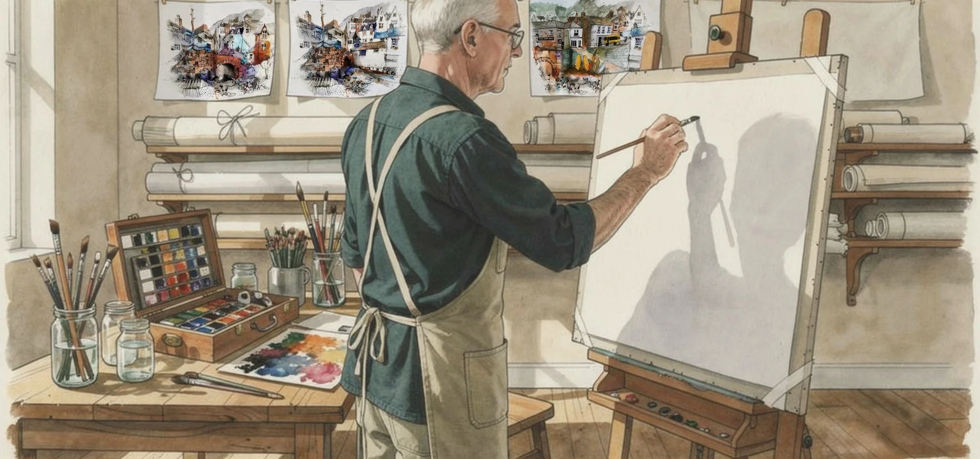 Mike Mills painting a watercolour at an easel in his studio, surrounded by paints, brushes and his own pinned sketches of Beddgelert Bridge, Polperro and Mousehole