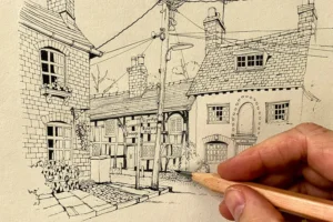 Pure ink linework of a village street with timber-framed cottages, reduced to structural shapes, a hand holding a pencil resting on the page