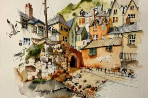 Cluster of harbour cottages painted in mixed warm hues of orange, green, pink and cream
