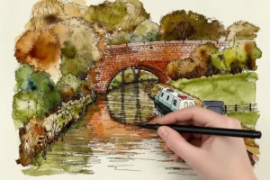 Brick bridge arch with a dark tonal reflection in the water below, a hand holding a brush pen resting on the page