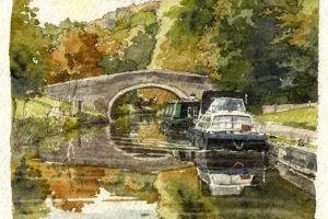 Loose watercolour washes over ink linework of a canal bridge with narrowboats moored beside it