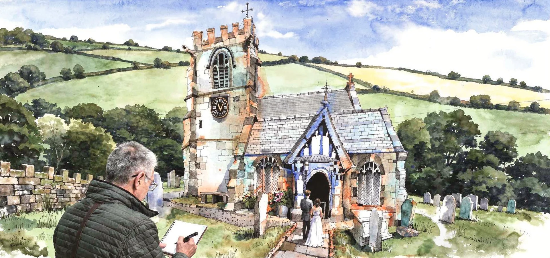 Mike sketching a parish church, with an ambiguous rear view of a bride and groom walking hand in hand toward the open church door