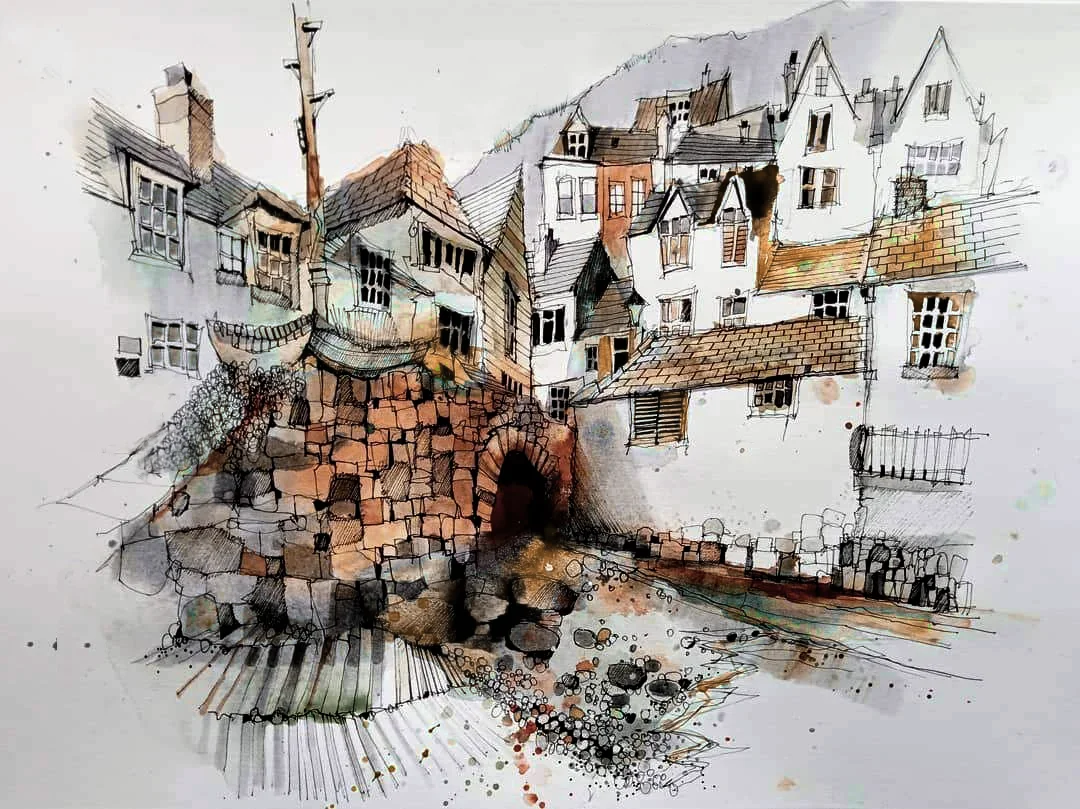 Painting of Polperro's Saxon Bridge over the harbour
